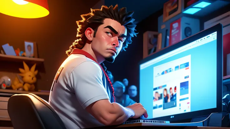 picturefrom behind of ARAFED GEEK in a baseball jersey sitting in front of a laptop, looking sad and angry, a portrait inspired by Eddie Mendoza, featured on reddit, cynical realism, twitch streamer / gamer ludwig , twitch streamer, mid shot portrait, stre...