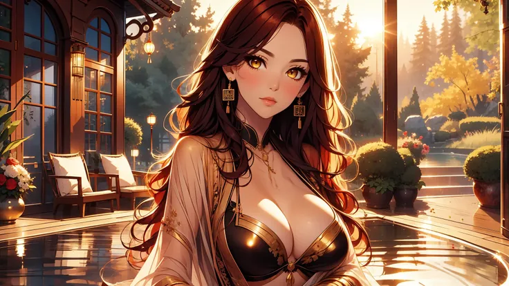 beautiful, marika, queen marika, black dress, deep cleavage, wavy red hair, golden eyes, bra, pool curtain, sexy, sensual, flower garden, full figure, perfect anatomy,