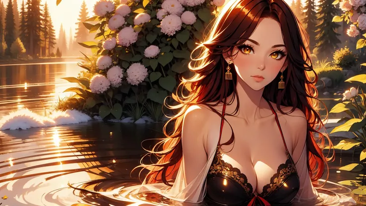 beautiful, marika, queen marika, black dress, deep cleavage, wavy red hair, golden eyes, bra, sexy, sensual, flower garden, full figure, perfect anatomy,