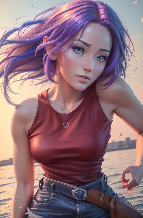 a beautiful tall sakura girl, short anime style hair, extremely detailed realistic face, beautiful eyes, long eyelashes, small nose, full lips, red tank top with beautiful folds and wrinkles, blue pants, belt, (best quality,8k,highres,masterpiece:1.2),ultr...