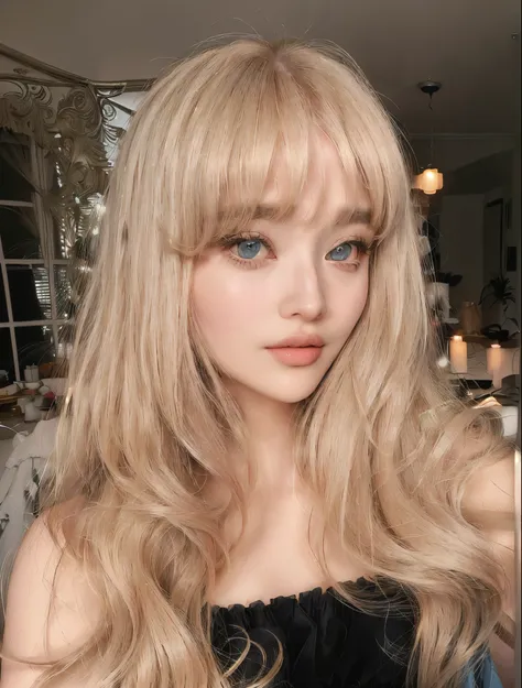 blond woman with long hair and blue eyes posing for a picture, with bangs, portrait of kim petras, long blonde hair and large eyes, blonde hair and large eyes, with full bangs, long hair with bangs, fluffy bangs, curtain bangs, long hair with full bangs, l...