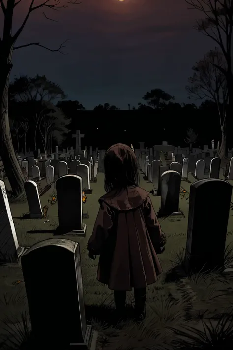 Cemetery, young girl look at Cemetery, horror scary