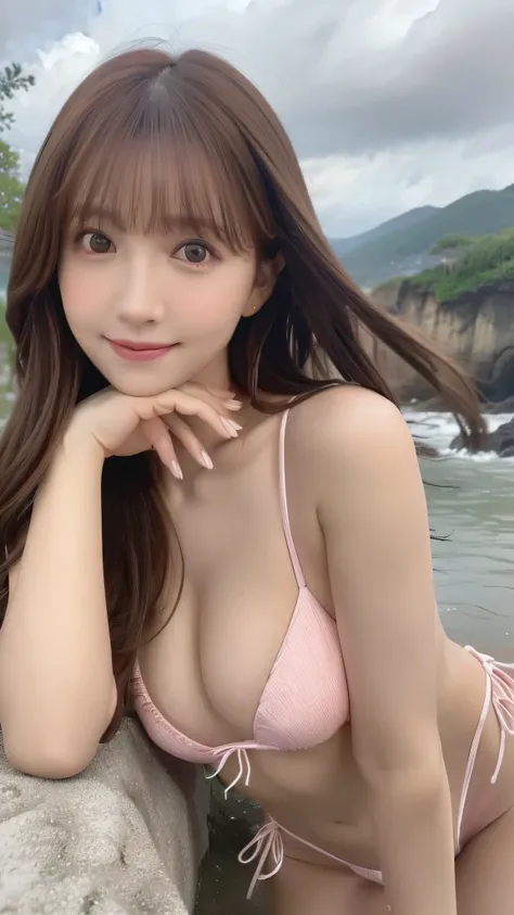 19-year-old girl, (Pink Swimsuit), RAW Photos, Highest quality, Realistic, Very delicate and beautiful, Very detailed, 8k wallpaper, High resolution, Soft Light, Full Body Shot、Very detailed目と顔, Beautiful and detailed nose, Fine and beautiful eyes, Cinema ...