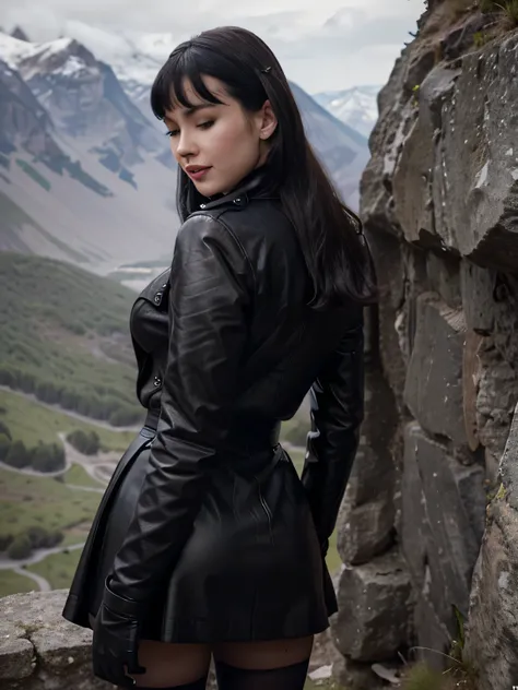 betty page 35 years old with eyes closed and black leather coat gloves and a skirt on the edge of a montain ,4k, 8k iperdetailed...