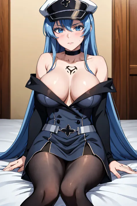 (artwork, best quality) a girl with long blue hair, blue eyes, blue eyelashes, black mini skirt, long black pantyhose, black off shoulder dress, wearing black captains hat, tattoo, big breasts, perfect body, 4k hd, blushing, embarrassed, sitting in a room