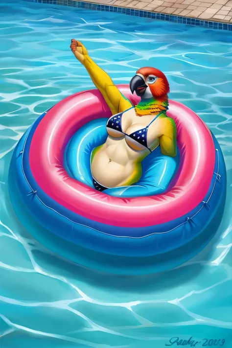 A sexy female anthro parrot in her bikini is poking a hole in her humongous inflatable rubber raft while she is floating around in her pool and it slowly deflates under her bikini butt.