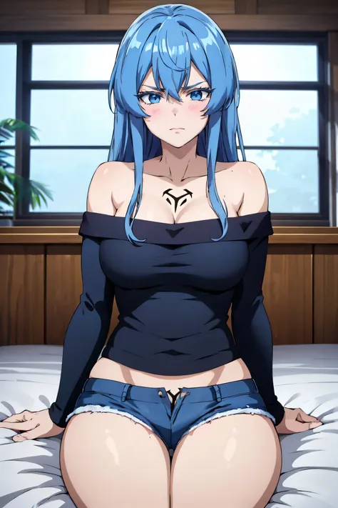 (artwork, best quality) a girl with long blue messy hair, blue eyes, blue eyelashes, blue denim mini shorts, long black tights, off the shoulder top, sitting, tattoo, big , perfect body, 4k hd, upset, blushing, in a room