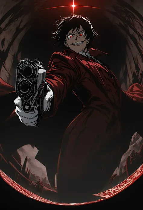 alucard from "hellsing" in close-up, in high quality.  fisheye effect, focusing the image on the barrels of their distinctive en...