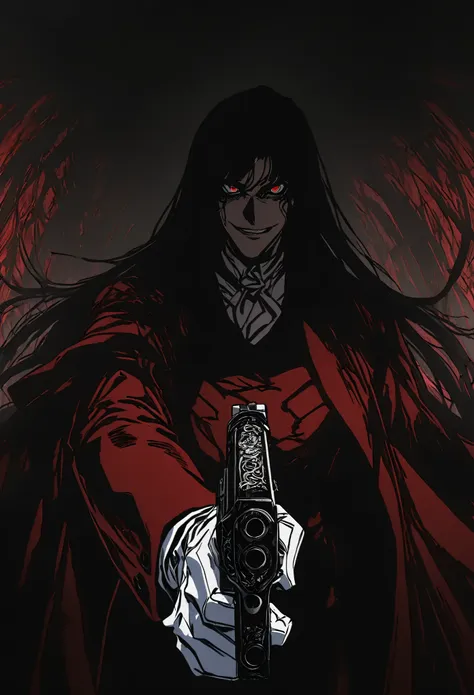 alucard from "hellsing" in close-up, in high quality.  fisheye effect, focusing the image on the barrels of their distinctive en...