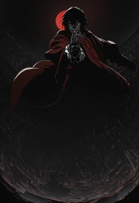 alucard from "hellsing" in close-up, in high quality.  fisheye effect, focusing the image on the barrels of their distinctive en...