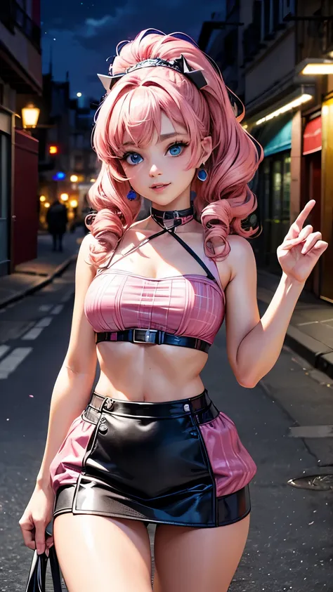 (La Best Quality,A high resolution,Ultra - detailed,actual),Ariana Grande con miniskirt pink kawaii , exposed abdomen, crop top,( pink curly hair), (Paris alley night background:1.4), More detailed 8K.unreal engine:1.4,UHD,La Best Quality:1.4, photorealist...