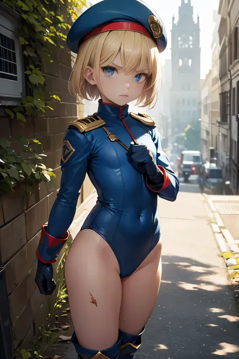     Ultra detailed , small girl , short blonde hair ,  blue eyes,  angry  face , scar ,  body , red militar  beret , green leotard , flat chest , gloves ,long boots .standing. front 