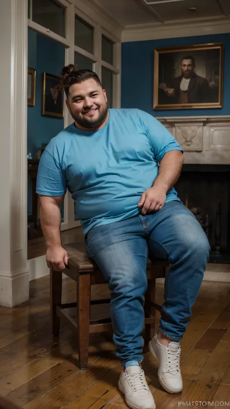 The best quality, Masterpiece, ultra-high-resolution, portrait, (photorealistic:1.4), RAW photo, Handsome manly overweight man, posing in the history museum, smile, top knot, with smooth crew neck shirt blue color basic, jeans jeans, Boots, barba, detailed...