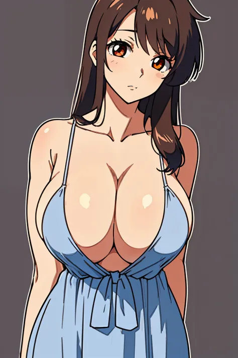 (beautiful detailed eyes:1.5, beautiful detailed face:1.2, beautiful detailed hair), Murrue Ramius, a woman, red eyes, blush, milf, wife, sexy, Curvy, (brown hair, long hair, bangs), (sagging large breasts:1.5), (negligee:1.5, no bra), arms behind back, up...