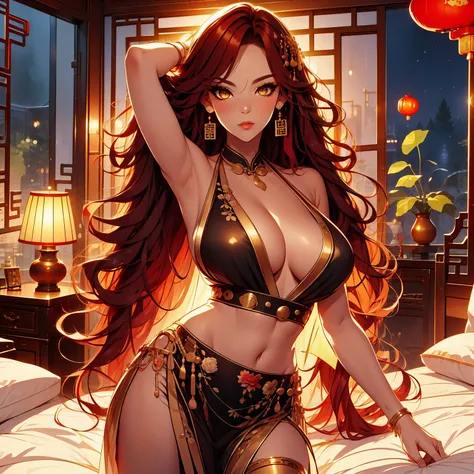 beautiful, marika, queen marika, black dress, plunging neckline, wavy red hair, golden eyes, bustier, one-piece dress, sexy, sensual, dancing, chinese style bedroom, night, flowers, belly dance, sensual dancer, seducing, pulling her hair, alone van, solo, ...