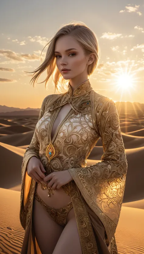 1girl, beautiful and aesthetic:1.2), ,extreme detailed, (fractal art:1.3),colorful, highest detailed, just wear top clothes, open clothes ,pale skin ,the creamy smooth skin, Peder Balke, art _style,desert,setting sun,backlighting,cloud,4k,ornate and intric...