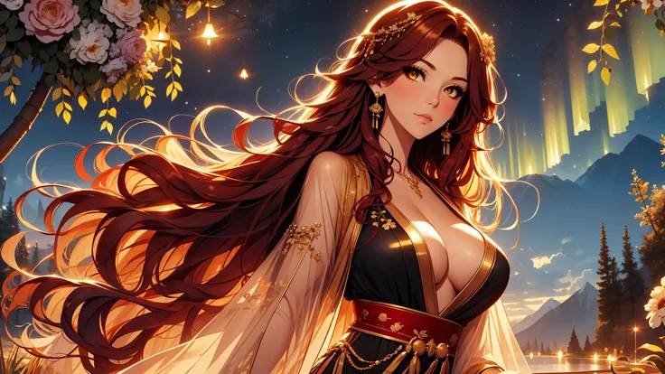 beautiful, marika, queen marika, black dress, low cleavage, wavy red hair, golden eyes, busty, one-piece dress, sexy, sensual, dancer, walking in the forest under the starry sky, aurora borealis, mountains in the background, night, flowers, sensual dancer,...