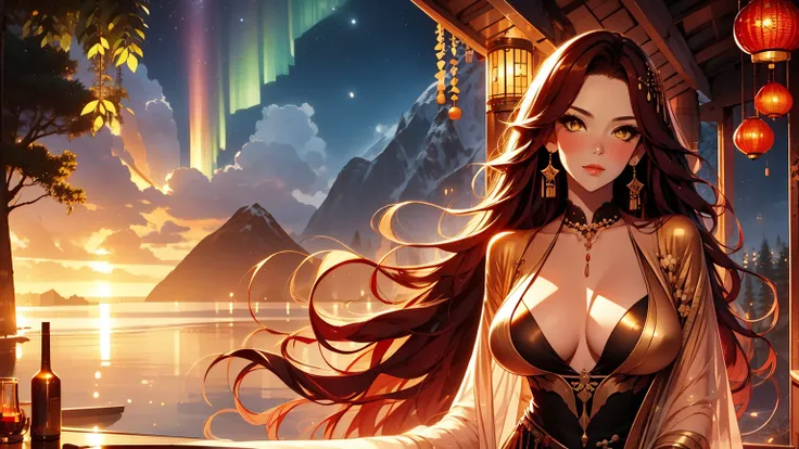 beautiful, marika, queen marika, black dress, plunging neckline, wavy red hair, golden eyes, busty, one-piece dress, sexy, sensual, dancer, walking in the forest under the starry sky, aurora borealis, mountains in the background, night, dark night , flower...