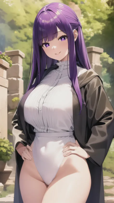 best quality, masterpiece, 1girl, (solo:1.1), raytracing, ultra detailed,detailed face, 8k wallpaper, wide hips, FernNDV, 1girl, purple hair, purple eyes, large breasts, long hair, open clothes, black robe, white shirt, smile, outdoor, hands on hip