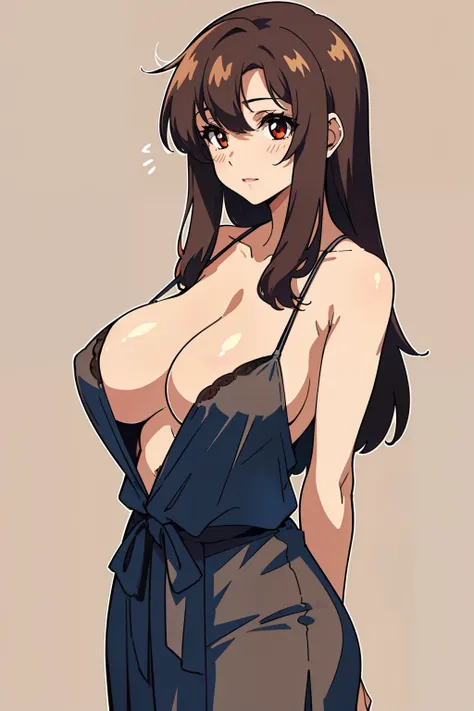 (beautiful detailed eyes:1.5, beautiful detailed face:1.2, beautiful detailed hair), Murrue Ramius, a woman, red eyes, blush, milf, wife, sexy, Curvy, (brown hair, long hair, bangs), (sagging large breasts:1.5), (negligee:1.5, no bra), arms behind back, up...