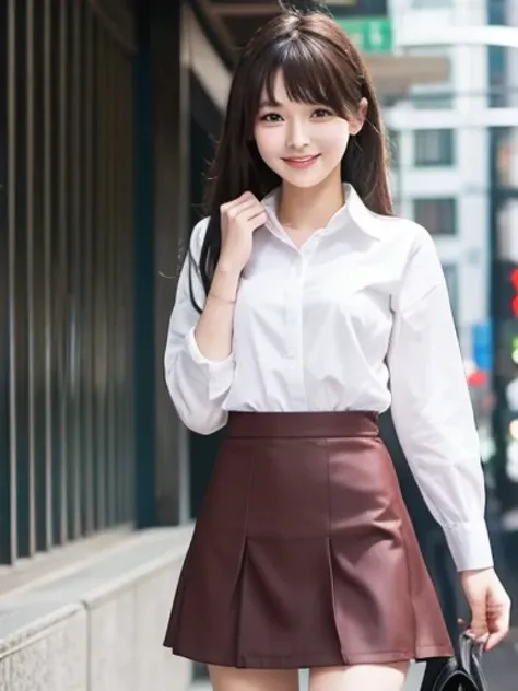 Japanese、18 year old girl、Very slim、((Smiling))、business suit、Business district、mini skirt