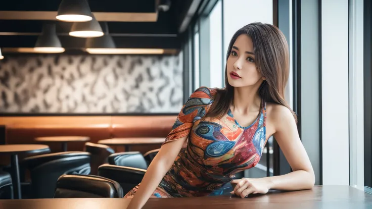 Masseter muscle area, Highest quality, masterpiece, High resolution, Photorealistic, RAW Photos, 8k wallpaper, perfection, Inside the cafe,Professional Lighting, Very detailed, Written boundary depth, ((One beautiful woman)), 30 years old, Sexy Woman, ((Ab...