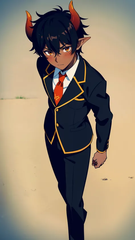 (1boy,18 years old,teen,solo),((dark skin)),short hair,hair between eyes,black hair,elf ears,(horns),orange eyes,(no background, simple background),red necktie,black jacket, blazer,long sleeves,pant,walking,(from above),shy,blush