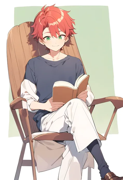 Young boy, naughty man, reading alone, deitado na grama, tall and slim, youthful face, red hair, greeneyes, skin fair, has a simple smile, cross legs, reading a brown book