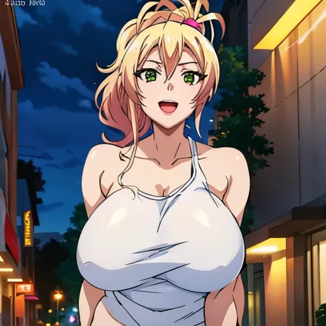 1women, ((nude)), ((huge tits)),  slim waist, outdoor, night city, ((busty)), blonde hair, green eyes, ponytail hair, smile, white tank top, short pants, open mouth, view at camera, upperbody 