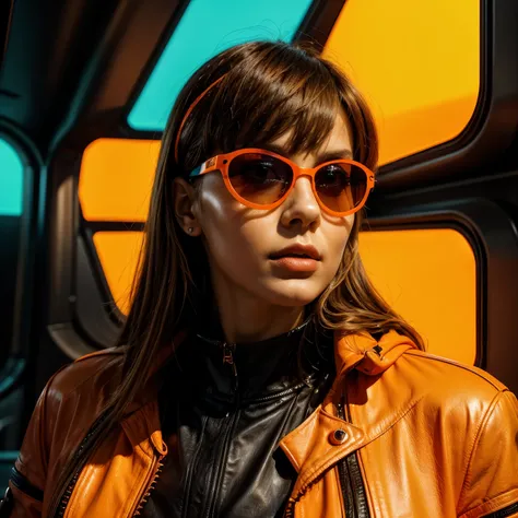 a close up of a woman wearing orange sunglasses and a black leather jacket, wearing orange sunglasses, orange sunglasses, futuristic sunglasses, fashionable futuristic woman, futuristic glasses lenses, retro futuristic fashion, orange skin, black and orang...