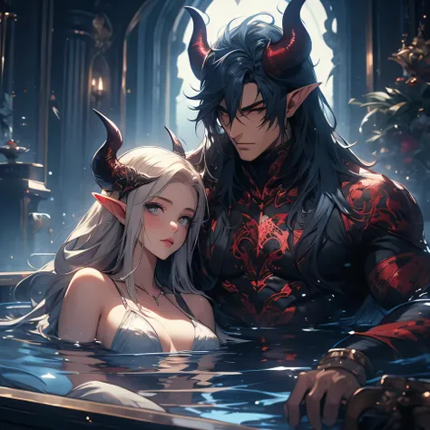 female adult elf with darkblonde hair, and a male elf dark blue long hair and demon horns taking a bath together, male with dark blue hair and demon horns