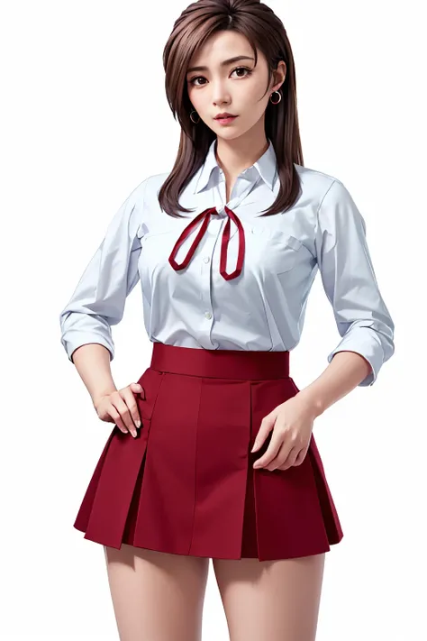 tall, hands on crotch, a full-body shot, long legs, largr breast,earrings,mini skirt,masterpiece, best quality, long hair, standing,Simple White Background, mio serizawa, long sleeves,red ribbon,white shirt, vest, beauty face