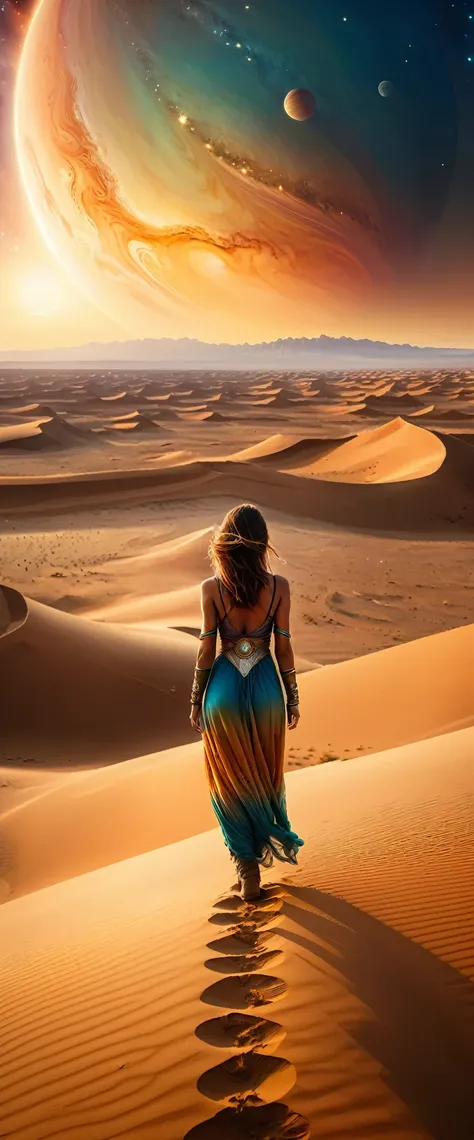 Highest quality,(masterpiece:1.2),Ultra-high resolution,Raw color photography,8K,Vast landscape photography,Realistic photos,Elaborate photos,Woman living on a sand planet,,(From the back:1.5),(From below:1.2,Woman standing on a sand planet,The vast desert...