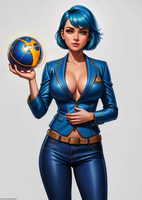 Cropped Blazer,
Blue hair,
Layered haircut,
Flared pants,
rubenesque, pinup,
cowboy shot, standing , in a retro-futuristic setting, atompunk style, golden orb,

white background, blank background,, (Extremely Detailed Oil Painting:1.2), glow effects, godra...