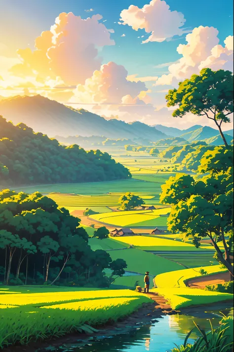 very detail painting of a distance rice farm, village road, a boy fishing near small rocky river, coconut trees, beautiful scenery, tropical heaven, anime countryside landscape, anime landscape wallpaper, sharp outlines, anime landscape, beautiful anime sc...