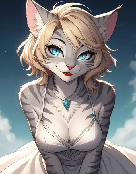 score_9,score_8_up,score_7_up, kemono style, kat, anthro furry feline, silver fur, grey stripes on body, blue eyes, short blonde...