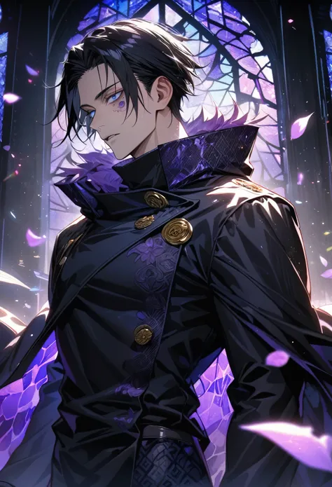 Ultra detailed, HDR, Highres, absurdres, master piece, Okkotsu Yuta, expressive blue eyes, black hair, dark circles under the eyes, Jujutsu Kaisen, black coat with patterns, black tight shirt, purple stained glass, purple ice, petals, purple ice flowers, s...