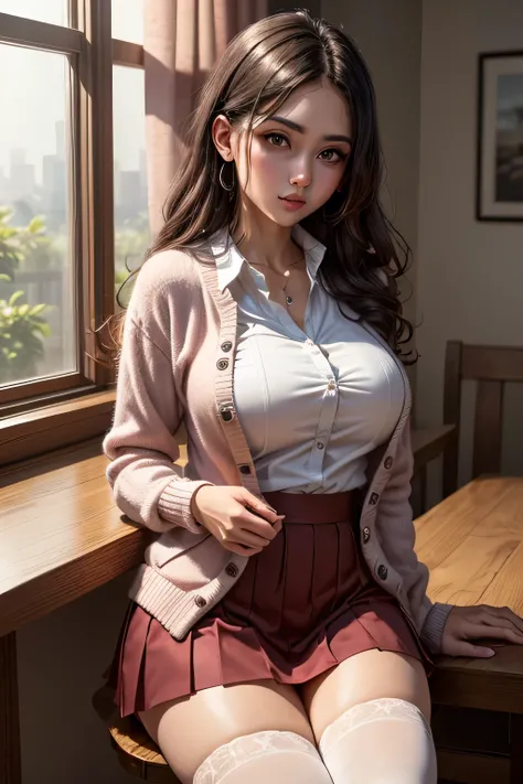 1 female, (Beautiful face with detailed shading), whole body, 40s, (Big Breasts), Beaver, Brown eyes, (Pink Cardigan), Open cardigan, White Camisole Blouse, (Yellow pleated skirt), White knee-highs, On the bed, (Tabletop)), ((Highest quality)), (Super deta...