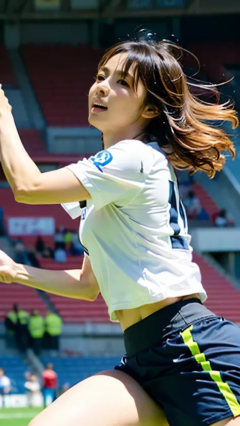 (((First Person))),[Perfect anatomy, carefully drawn limbs with perfect joints and no excess or deformities],(((In the background, the stands are filled with spectators.))),Enthusiastic audience,(((A beautiful soccer ball player with outstanding style is d...