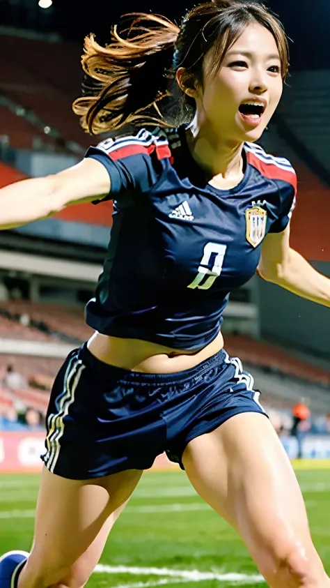 (((First Person))),(((Perfect anatomy, carefully drawn limbs with perfect joints and no excess or deformities))),(((In the background, the stands are filled with spectators.))),Enthusiastic audience,(((A beautiful soccer ball player with outstanding style ...