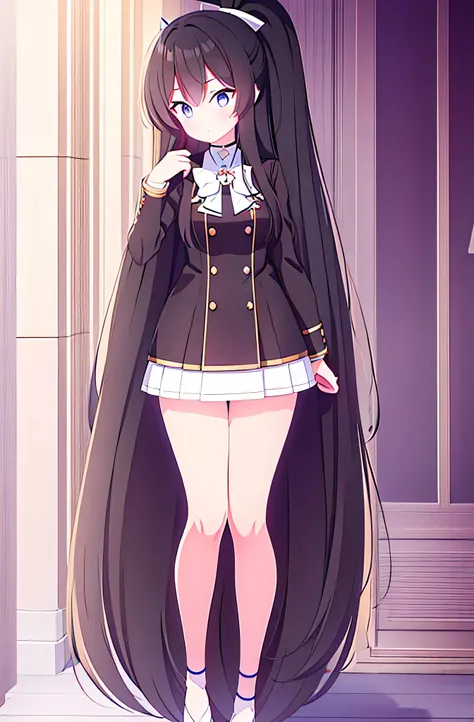 hair length about 5 meters girl long_hair black_hair tall black_uniform highschool 1girl high ponytail