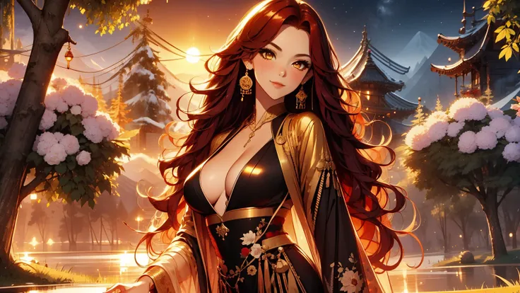 solo , solo girl, 1 girl, perfect anatomy, maximum sharpness, high definition, UHD, beautiful, marika, queen marika, black dress, low neckline, wavy red hair, golden eyes, chest, one piece dress, sexy, sensual, starry sky , mountains in the background, nig...