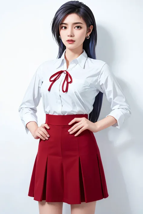 long hair, blue hair color, shy,amber eyes,tall,look up at the viewer,hands on crotch, a full-body shot, long legs, largr breast,earrings,mini skirt,masterpiece, best quality, standing,Simple White Background, mio serizawa, long sleeves,red ribbon,white sh...