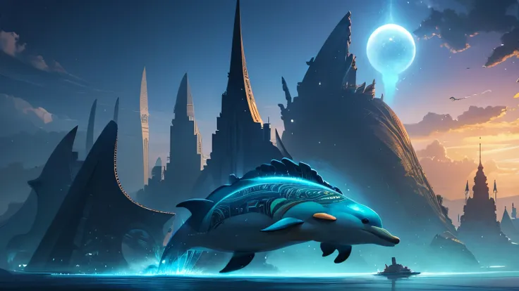 "Ancient Lemurian civilization with dolphins, futuristic city in background, ascension concept, spiritual evolution, digital painting, dreamlike quality"