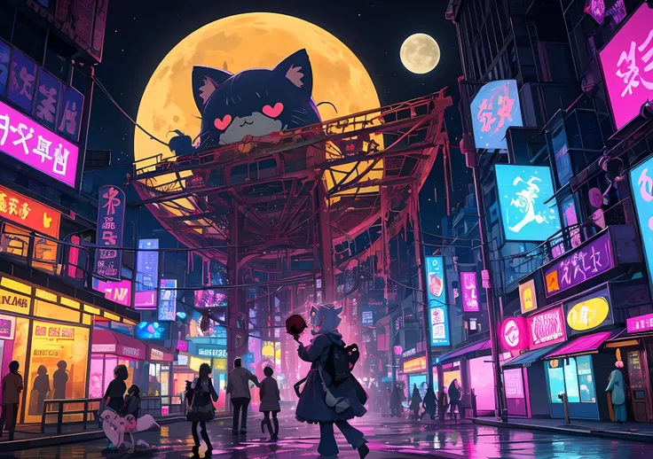 "Abandoned kawaii theme park at midnight. Pastel Ferris wheel silhouette against full moon. Flickering soft neon lights. Heart-shaped topiary overgrown with dark vines. Cute animal-shaped fountain with black water. Eerie yet adorable atmosphere."

"Post-ap...