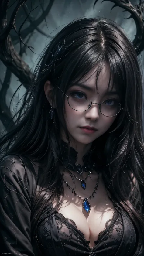 (Highest quality,4K,8K,High resolution,masterpiece:1.2),Very detailed,(Realistic,photoRealistic,photo-Realistic:1.37), Close-up of a woman with dark hair and wearing a black dress, Dark Eyes,an  ominous笑顔,((((Glasses))))、((((big sapphire necklace))))、Evil ...