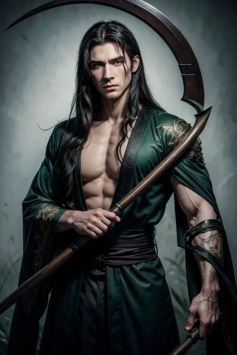 a muscular tall dark-haired man with long white hair and green eyes, scar on face, wearing a kimono, holding a scythe, highly detailed face, detailed clothing, intricate background, dramatic lighting, cinematic composition, vibrant colors, digital painting