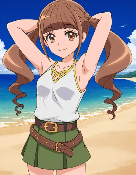 hiramitsu hinata, brown hair, twintails, brown eyes, yellow t-shirt, neckline, green skirt, belt, high quality, solo, 1girl, nig...