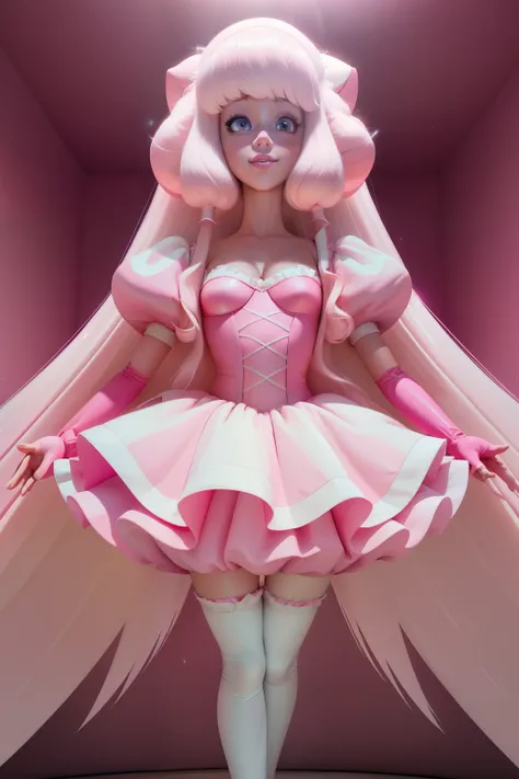 pnkdamond, pink hair, pink eyes,  big hair,  stomach gem,  pink skin,  toned, 
puffy short sleeves, elbow gloves ,  white thighhighs,   puffy dress, 
standing, upper body, 
 outerspace,  
(insanely detailed, beautiful detailed face,beautiful detailed eyes,...