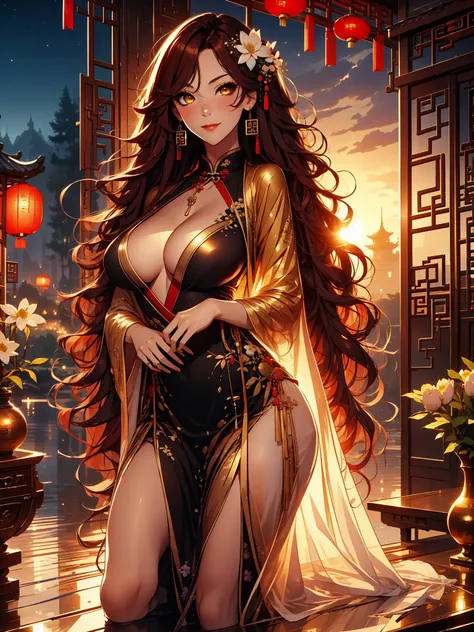 solo , solo girl, 1 girl, perfect anatomy, maximum sharpness, high definition, UHD, beautiful, marika, queen marika, black dress, low neckline, wavy red hair, golden eyes, detailed eyes, beautiful eyes, chest, one piece dress, sexy, sensual, no natural lig...